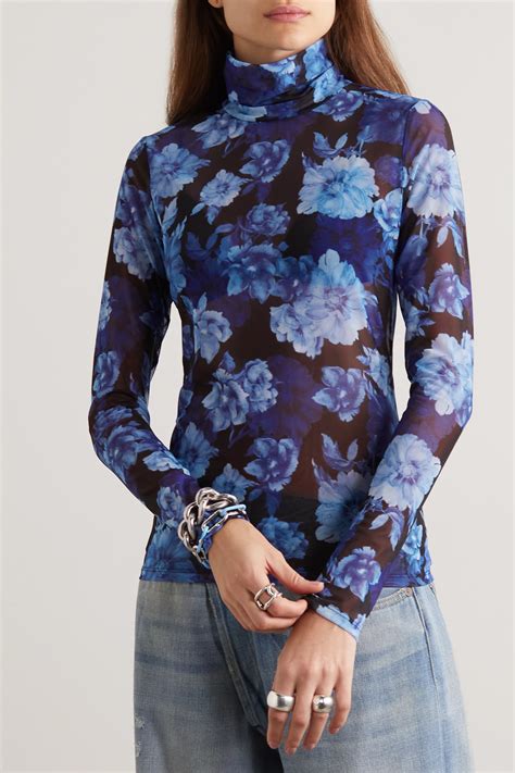 Alice And Olivia Delaina Long Sleeve Turtleneck Mesh Top In Dream Floral Royalty Modesens