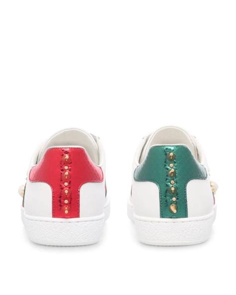 Gucci Ace Pearl And Stud Detail Leather Trainers In White Save 35 Lyst
