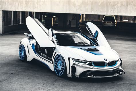 Spaceship In The Form Of The Car Custom White BMW I8 With Blue Accents
