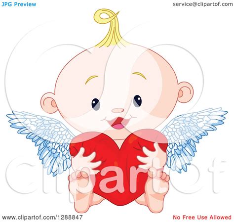 Clipart Of A Cute Blond White Baby Cupid Hugging A Heart Royalty Free