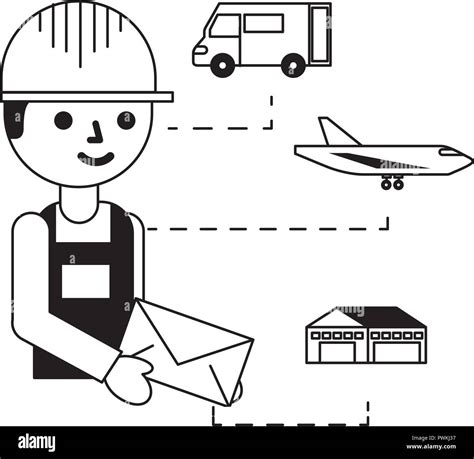 Delivery Man With Mail Truck Airplane And Warehouse Vector Illustration