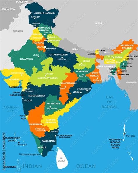 Illustration Of Detailed Map Of India Vector Asia With All States And