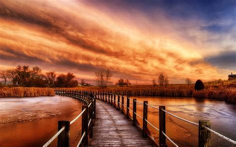 Hd Wallpaper Wooden Bridge River Grass Nature Sunset Clouds Red
