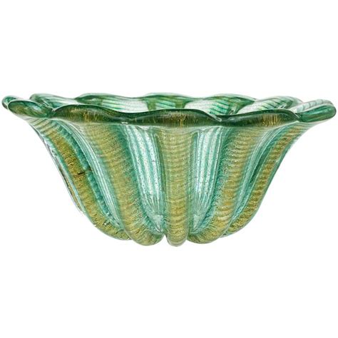 Barovier Toso Murano Green Gold Flecks Italian Art Glass Ribbed Centerpiece Bowl For Sale At 1stdibs