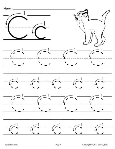 Printable Letter C Tracing Worksheet With Number And Arrow In Alphabet