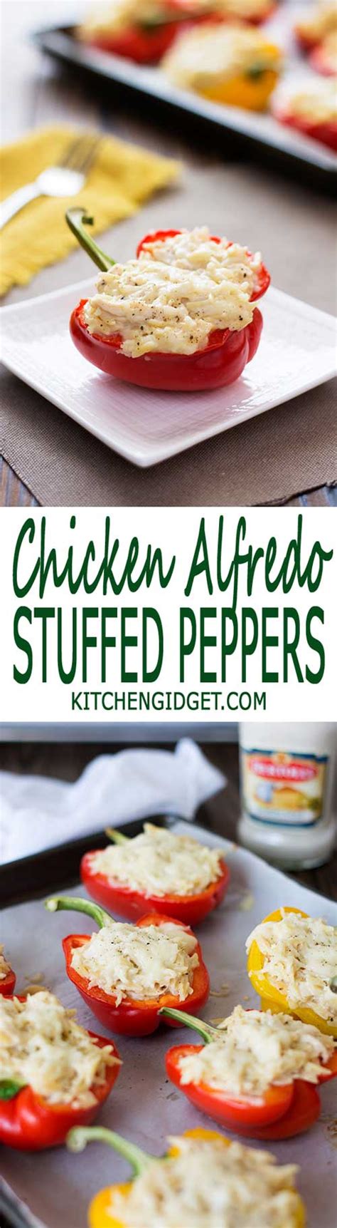 In a mixing bowl, combine 8 oz of softened cream cheese with ½ cup of sour cream then add 3 cups of cooked and shredded chicken, 1 pack of thawed and drained spinach, 1 cup of cheddar cheese, 2 thinly sliced green onions and ½ teaspoon of paprika. Chicken Alfredo Stuffed Peppers - Kitchen Gidget