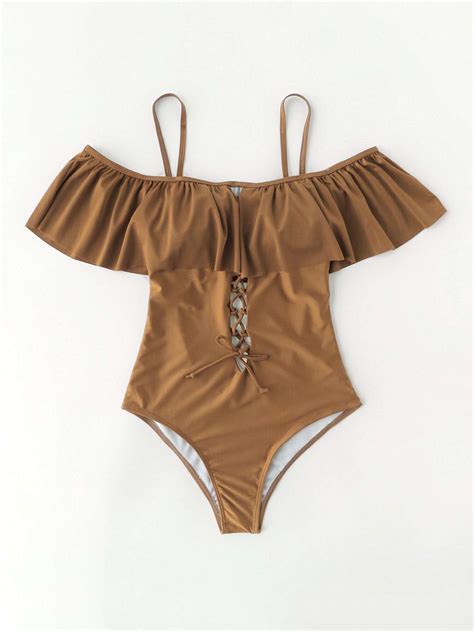 Criss Cross Design Open Back Flounce Swimsuit Shein Sheinside
