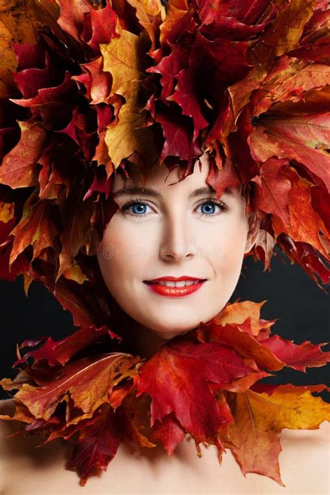 Woman With Autumn Leaves Wreath Portrait Of Girl In Dreamy Fall Mood