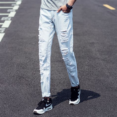 Buy Summer 2016 Fashion Mens Jeans Ripped Light Blue