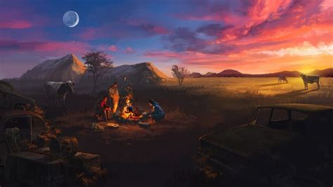 Sunset Camping Bonfire Landscape Scenery Illustration Digital Art