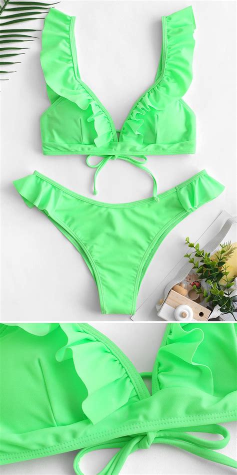 ZAFUL Ruffle Padded Bikini Set Emerald Green Bikinis Bikini Set