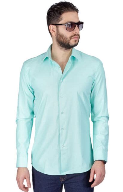 Mint Green Slim Fit Mens Dress Shirt Solid Color Long Sleeve Spread