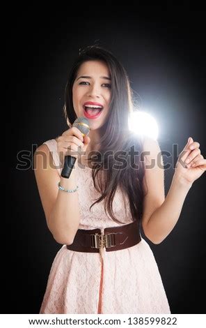 Blonde Girl Naked Shoulders Singing Microphone Stock Photo