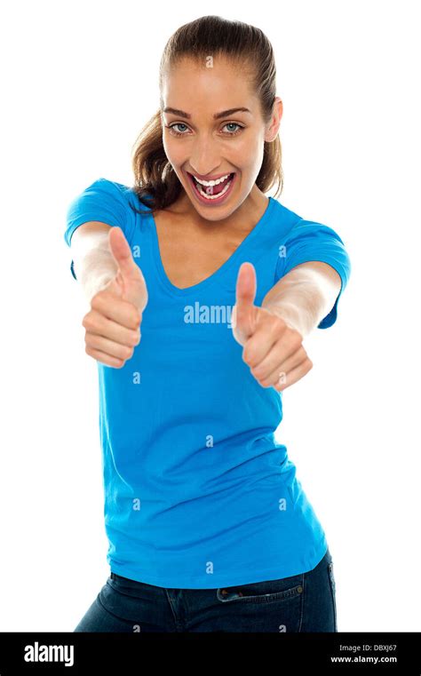 Overjoyed Woman Showing Double Thumbs Up Stock Photo Alamy
