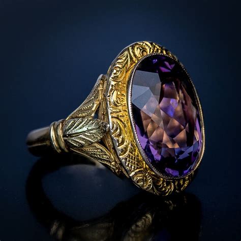 Victorian Era Antique Chased Gold Amethyst Unisex Ring Antique
