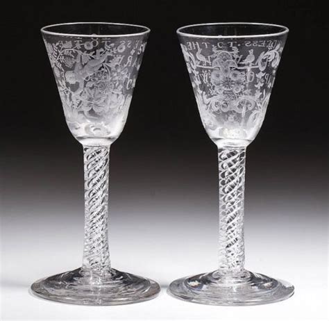English Free Blown And Engraved Air Twist Stem Pair Of Wine Glasses Lot 28 Antique Glass