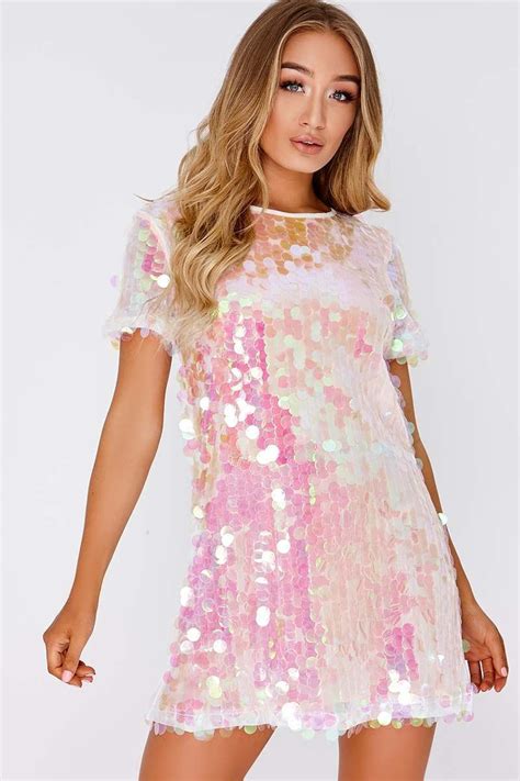 Darcell White Iridescent Sequin T Shirt Dress In The Style Usa Disco Dress Disco Outfit
