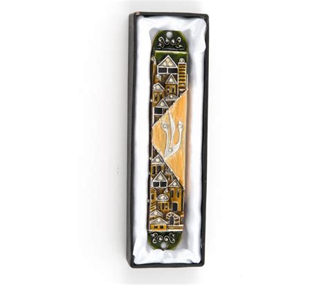 Rounded Mezuzah Case With Gleaming Jerusalem Images Brown