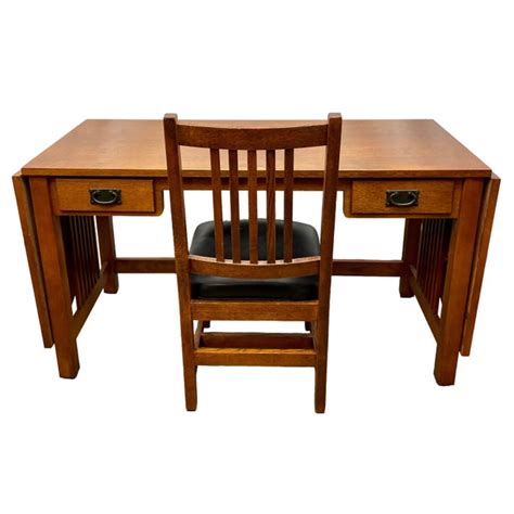 Vintage Bassett Mission Style Golden Oak Drop Leaf Writing Desk And Chair