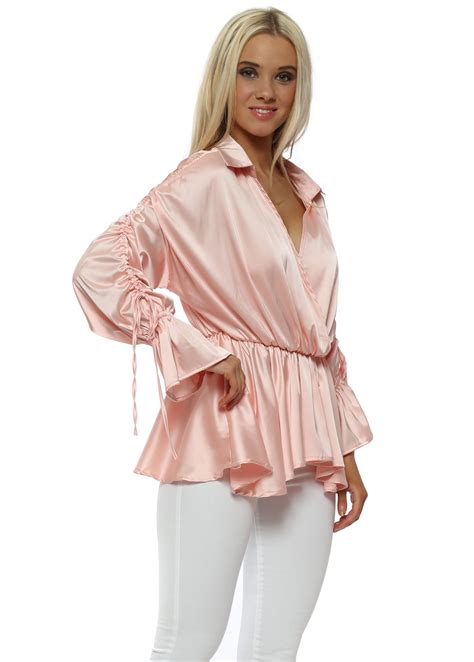 Pink Silky Satin Ruched Blouse