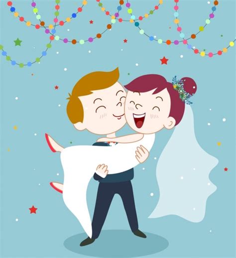 Happy Marriage Couple Drawing Colored Cartoon Design Vectors Graphic