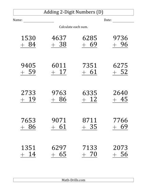 Large Print 4 Digit Plus 2 Digit Addition With Some Regrouping D