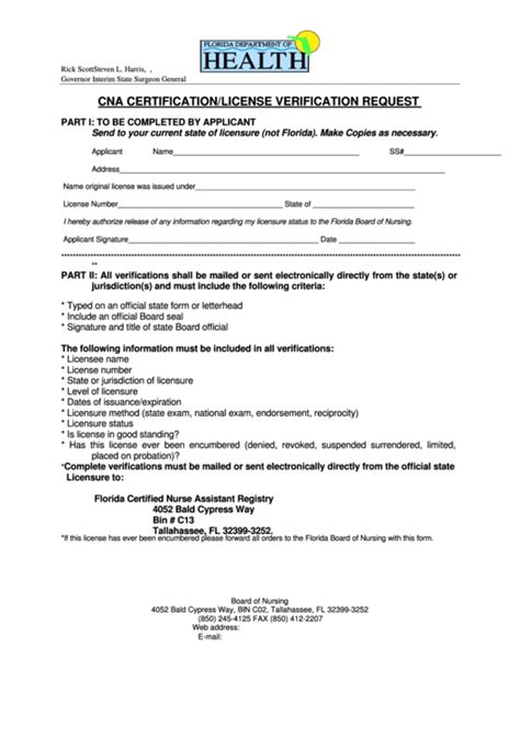 Cna Certificationlicense Verification Request Florida Department Of Health Printable Pdf Download