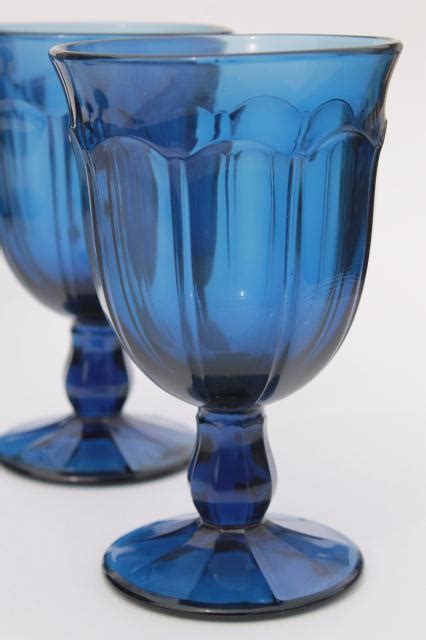 Antique Blue Colored Glass Water Goblets Wine Glasses Gibraltar Style Heavy Stemware