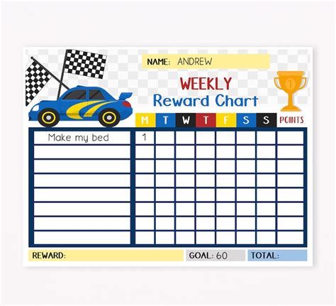Chore Chart For Kids Printable Car Race Boy Reward Chart Etsy