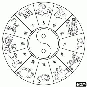 Printable coloring pages for the chinese zodiac: The circle with the signs of the twelve animals of Chinese ...