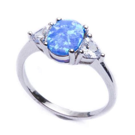 Oval Lab Created Blue Opal And Cz Heart 925 Sterling Silver Ring Size