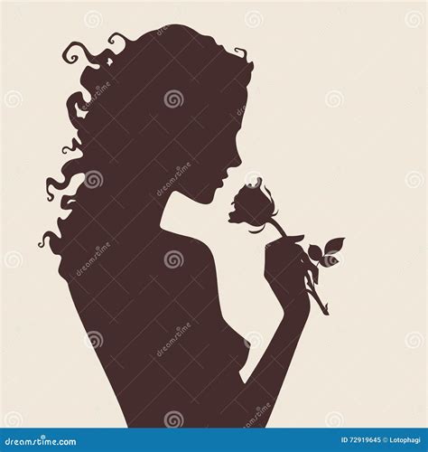 Vector Illustration Silhouette Of Beautiful Curly Girl With Rose Flower