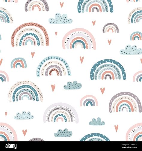 Cute Rainbows And Hearts Seamless Pattern Adorable Background Stock