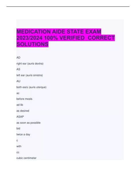 MEDICATION AIDE STATE EXAM 2023/2024 100% VERIFIED CORRECT SOLUTIONS