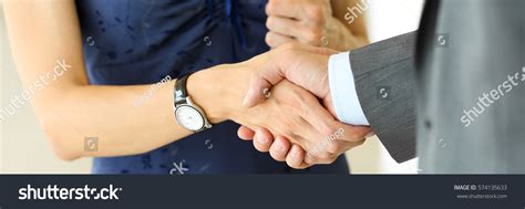 Businessman Woman Shake Hands Hello Office Stock Photo Edit Now 574135633