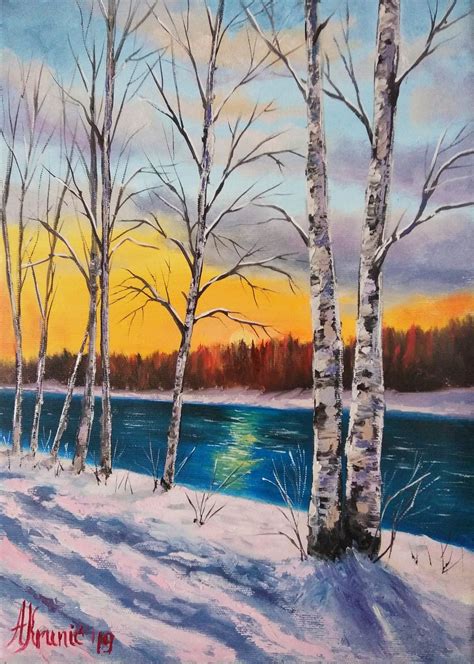 Oil Painting 25x35cm Winter Sunset Oils Oil Paintings Outdoor