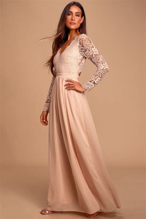 Lovely Blush Pink Dress Lace Long Sleeve Maxi Dress Lulus