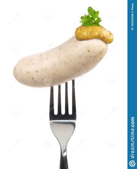 Bavarian Sausage On A Fork With Mustard Stock Photo Image Of Organic