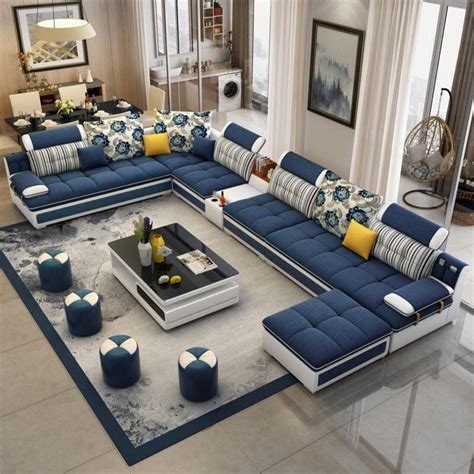 Luxury Modern U Shaped Leather Fabric Corner Sectional Sofa Set Design