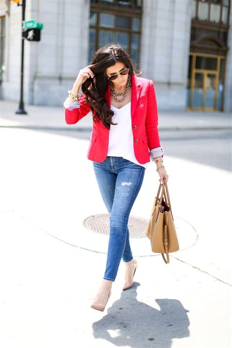 casual outfit bright red blazer white top jeans and a statement necklace the sweetest thing