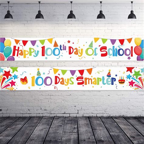 2 Pieces Happy 100th Day Of School Banner 100 Days Smarter Banner Inspirational Posters Hooray