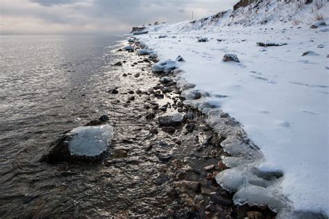 Frozen Ice On Stones In The Water Near The Shore In Winter Stock Image