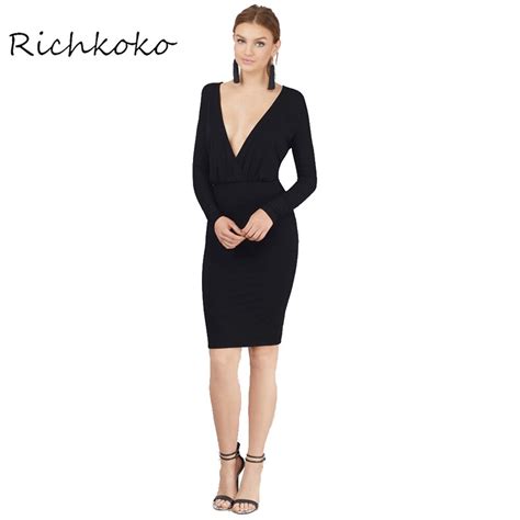 Richkoko 2017 Summer Women Dress Sexy Solid Deep V Neck Shaping