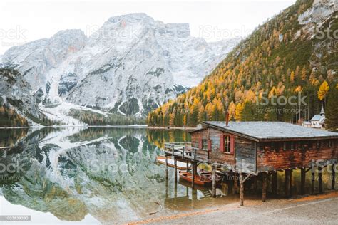 Lago Di Braies In Fall Dolomites South Tyrol Italy Stock
