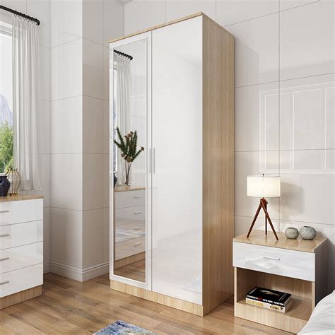2 Door Wardrobe With Mirror High Gloss Large Storage 4 Colors Cupboard