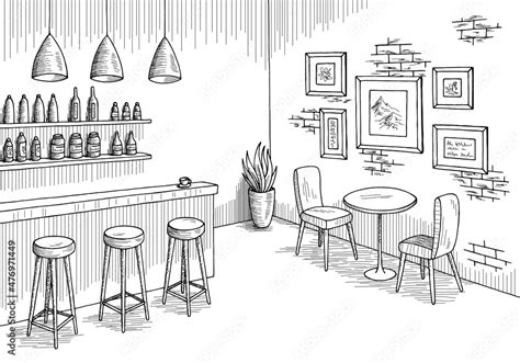 Cafe Bar Graphic Black White Interior Sketch Illustration Vector Stock