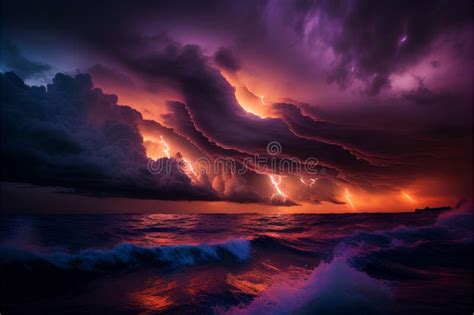Beautiful Stormy Sky With Lightning In The Sea Illustration Stock