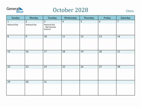October 2028 Monthly Calendar With China Holidays
