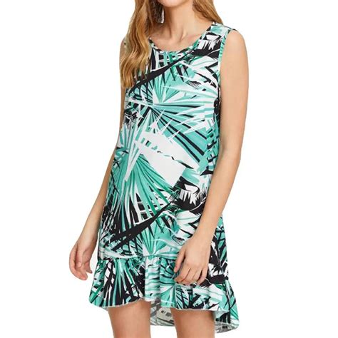 Feitong Tropical Print Leaf Summer Dress Women O Neck Ruffle A Line