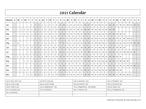 calendar template year   glance  printable